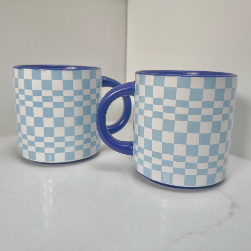 Indigo Checkered Retro Funky 70’s Style Ceramic Mug Set - Picture 11 of 16